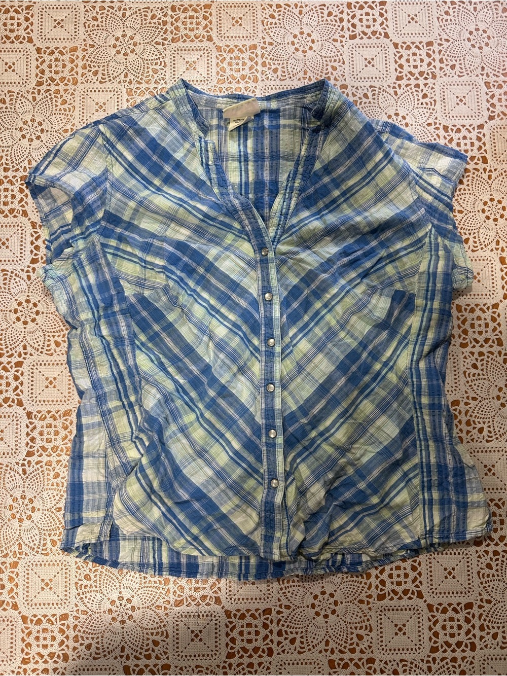 Faded Glory Plaid Cotton Snap Front Blouse Size 16W Blue Green